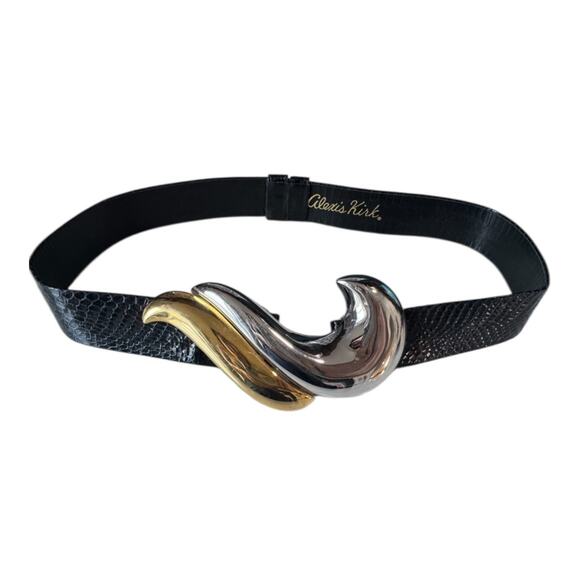 Vtg Alexis Kirk Belt Wave Buckle Gold Silver Black Snake Leather Sculptural 80s main image 14